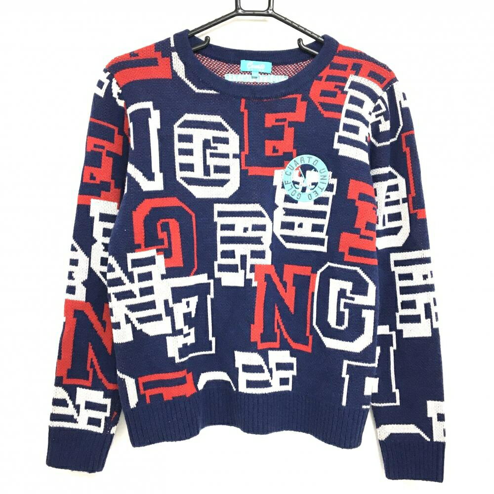 【美品】クアルトユナイテッド セーター ネイビー×レッド 総柄 ウール混 ニット レディース L ゴルフウ..