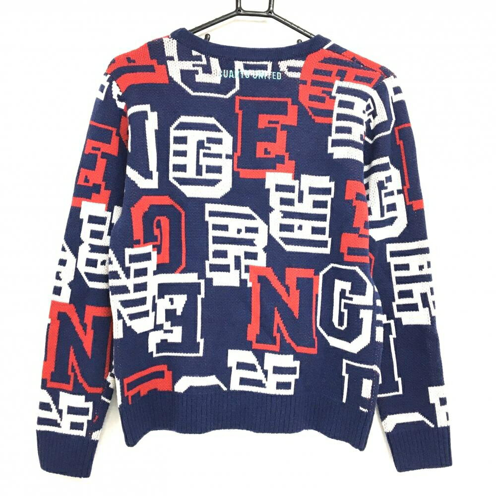 【美品】クアルトユナイテッド セーター ネイビー×レッド 総柄 ウール混 ニット レディース L ゴルフウェア CUARTO UNITED