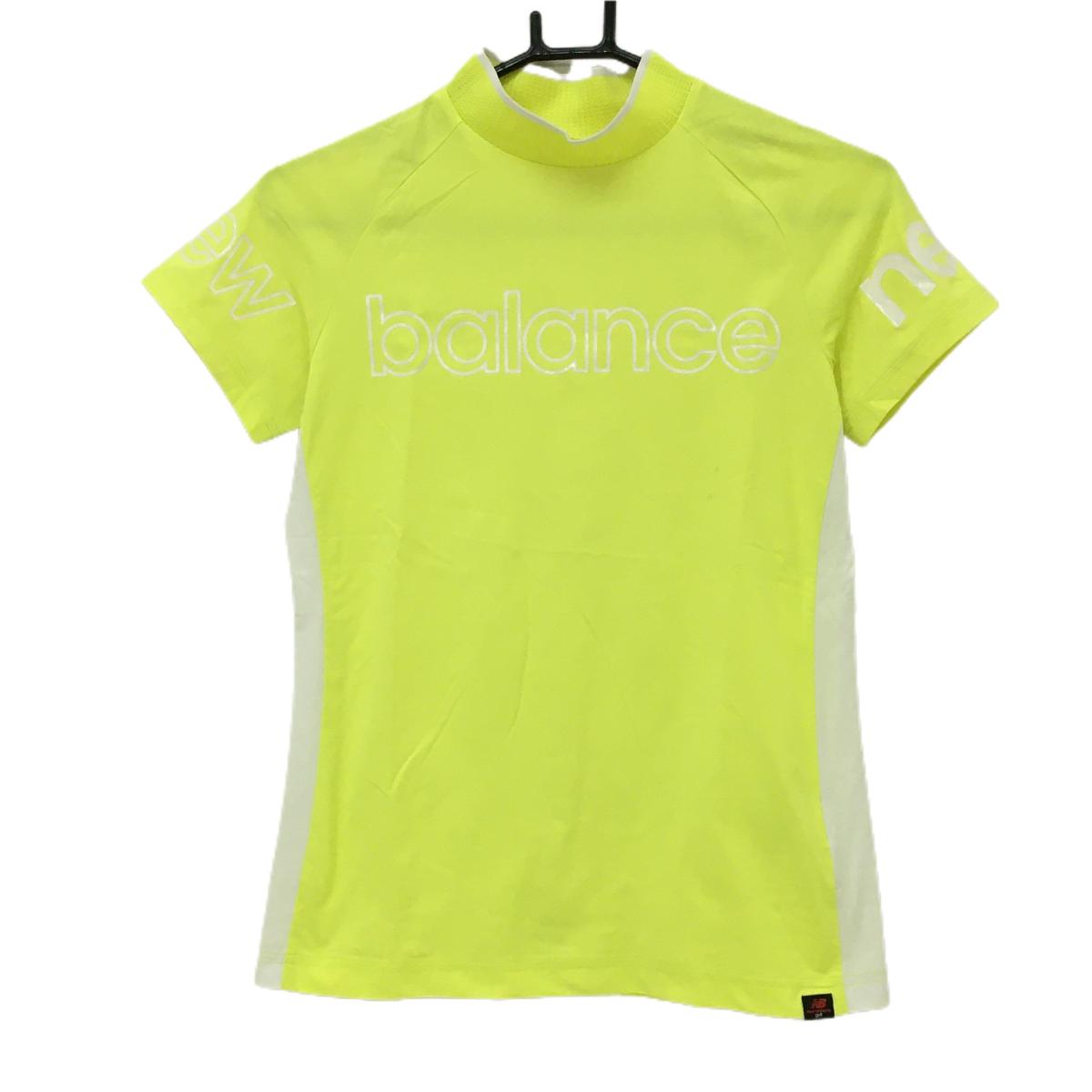 【美品】ニューバランス 半袖ハイネックシャツ 蛍光イエロー×白 ネック異素材 レディース 0 ゴルフウェア 2022年モデル New Balance