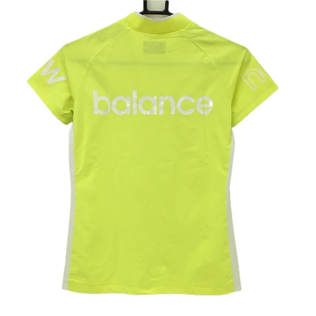 【美品】ニューバランス 半袖ハイネックシャツ 蛍光イエロー×白 ネック異素材 レディース 0 ゴルフウェア 2022年モデル New Balance