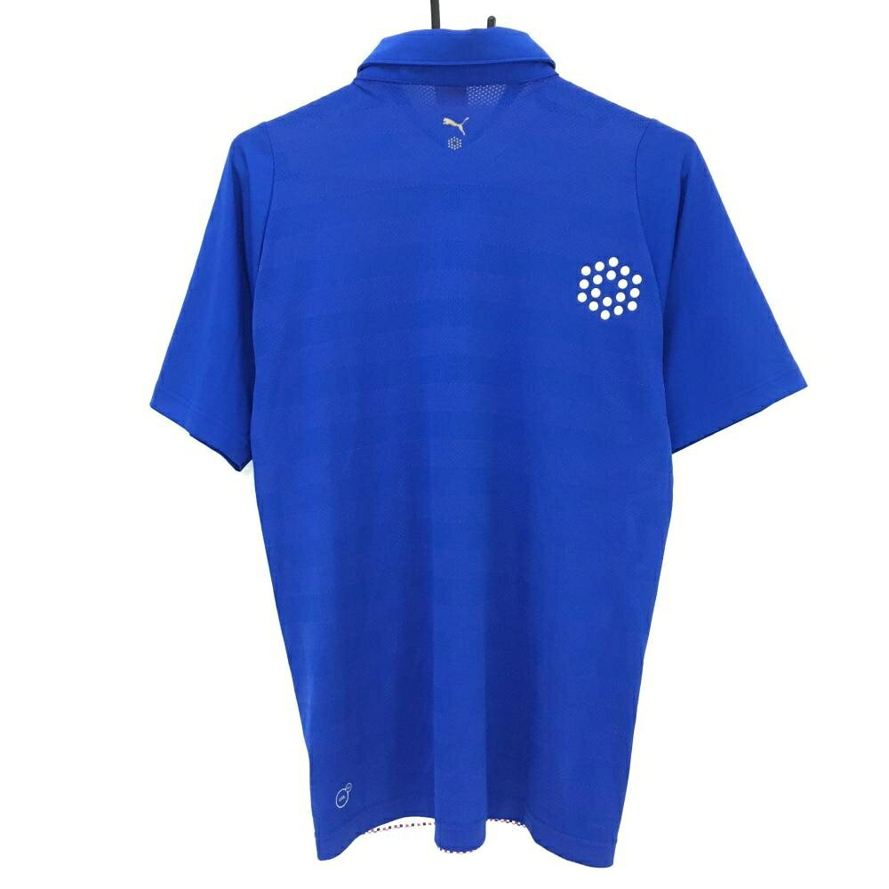 【美品】プーマ 半袖ポロシャツ 白×ブルー フロントボーダー調 背面メッシュ メンズ M ゴルフウェア PUMA