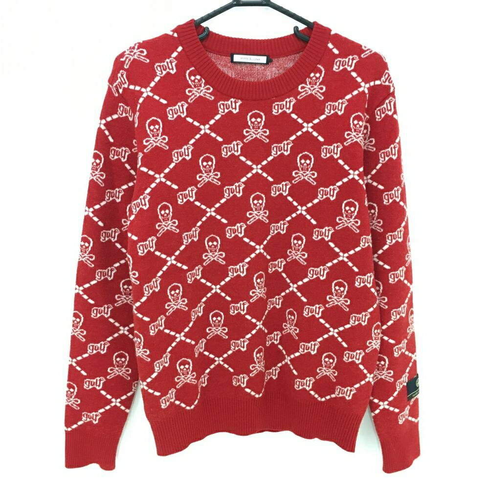 【超美品】マークアンドロナ セーター レッド×白 スカル総柄 ウール混 ニット メンズ 46(M) ゴルフウェ..
