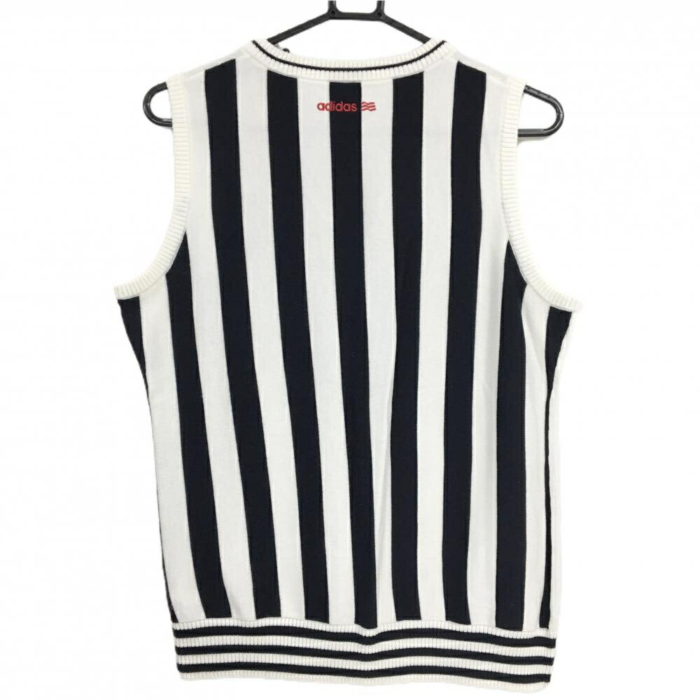 【超美品】アディダス ニットベスト 白×ダークネイビー 後ろストライプ 一部ケーブル編み ウール混 レディース L/G ゴルフウェア adidas