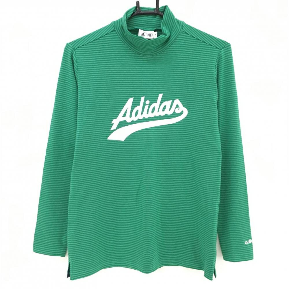 【超美品】アディダス 長袖ハイネックシャツ グリーン ボーダー アクリル混 ロゴプリント レディース L/G ゴルフウェア adidas