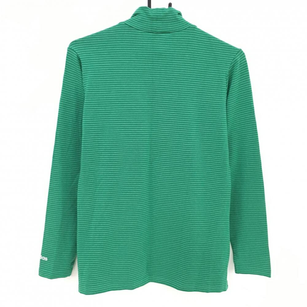 【超美品】アディダス 長袖ハイネックシャツ グリーン ボーダー アクリル混 ロゴプリント レディース L/G ゴルフウェア adidas