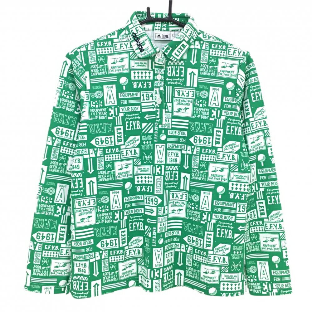 【超美品】アディダス 長袖ポロシャツ グリーン×白 総柄 丸襟 レディース L/G ゴルフウェア adidas