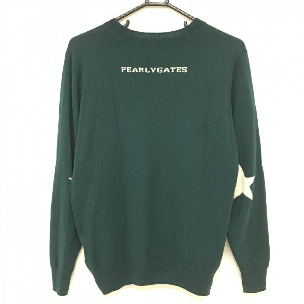 【美品】パーリーゲイツ セーター グリーン×白 フロント英字 ウール100％ ニット メンズ 5(L) ゴルフウェア PEARLY GATES