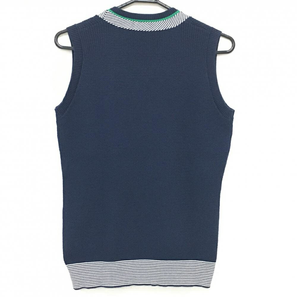 カッパ ニットベスト ネイビー×白 リブ編み コットン混 ネック・裾ボーダー レディース L ゴルフウェア Kappa