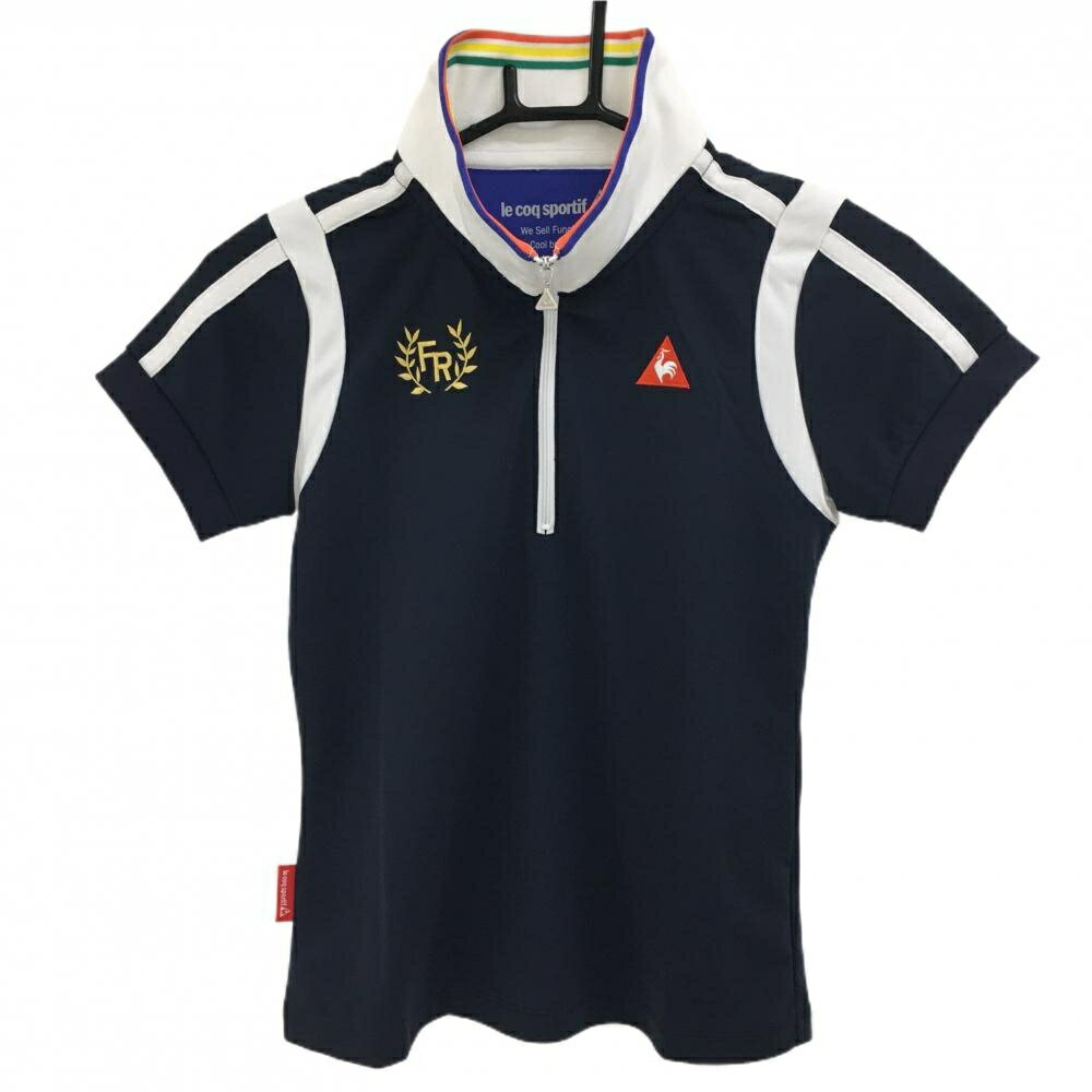 Le Coq - 【超美品】ルコック 半袖ポロシャツ ネイビー×白 織生地 襟3カラーライン ハーフジップ レディース S ゴルフウェア le coq sportif