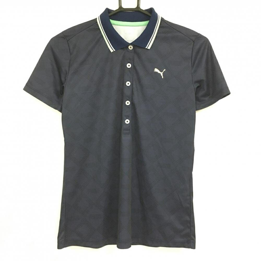 【超美品】プーマ 半袖ポロシャツ　ダークネイビー×黒 総柄 襟ライン 胸ロゴプリント レディース L ゴルフウェア PUMA