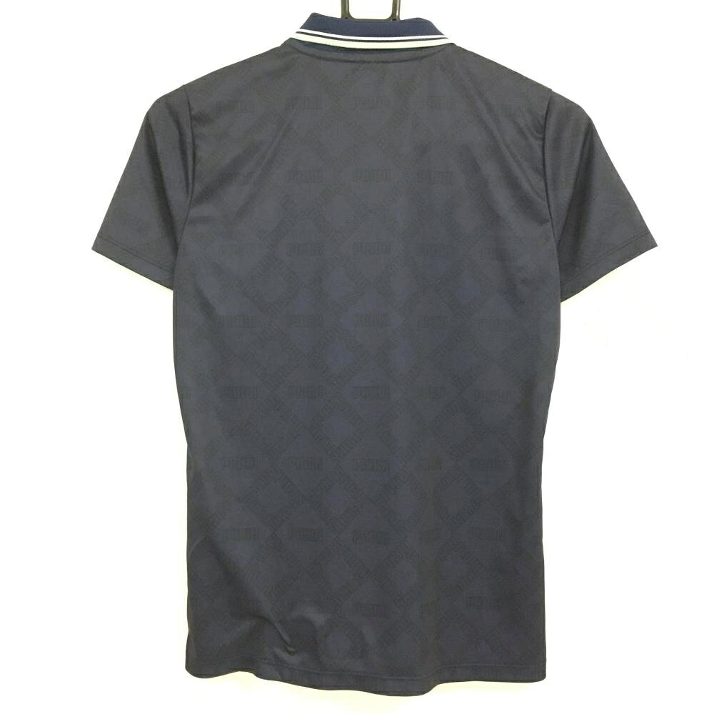 【超美品】プーマ 半袖ポロシャツ　ダークネイビー×黒 総柄 襟ライン 胸ロゴプリント レディース L ゴルフウェア PUMA