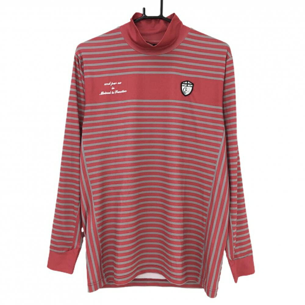 【美品】アンパスィ 長袖ハイネックシャツ レッド×グレー ボーダー 胸元ワッペン メンズ L ゴルフウェア and per se