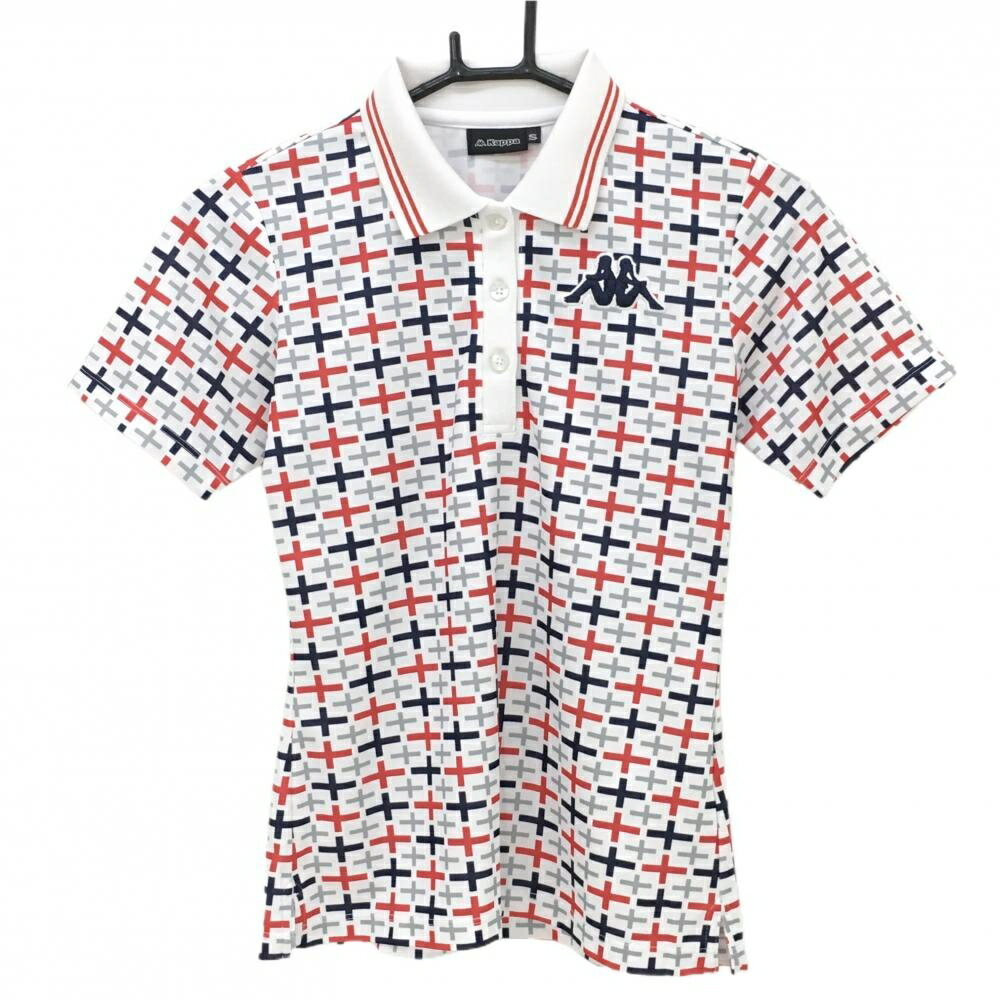 Kappa - 【美品】カッパ 半袖ポロシャツ 白×レッド×ネイビー 総柄 ビッグロゴ刺しゅう レディース S ゴルフウェア Kappa