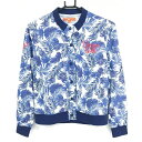 ★特価★ビームスゴルフ ジャケットブルゾン 白×ブルーネイビー リーフ柄 ロゴプリント レディース S ゴルフウェア BEAMS GOLF