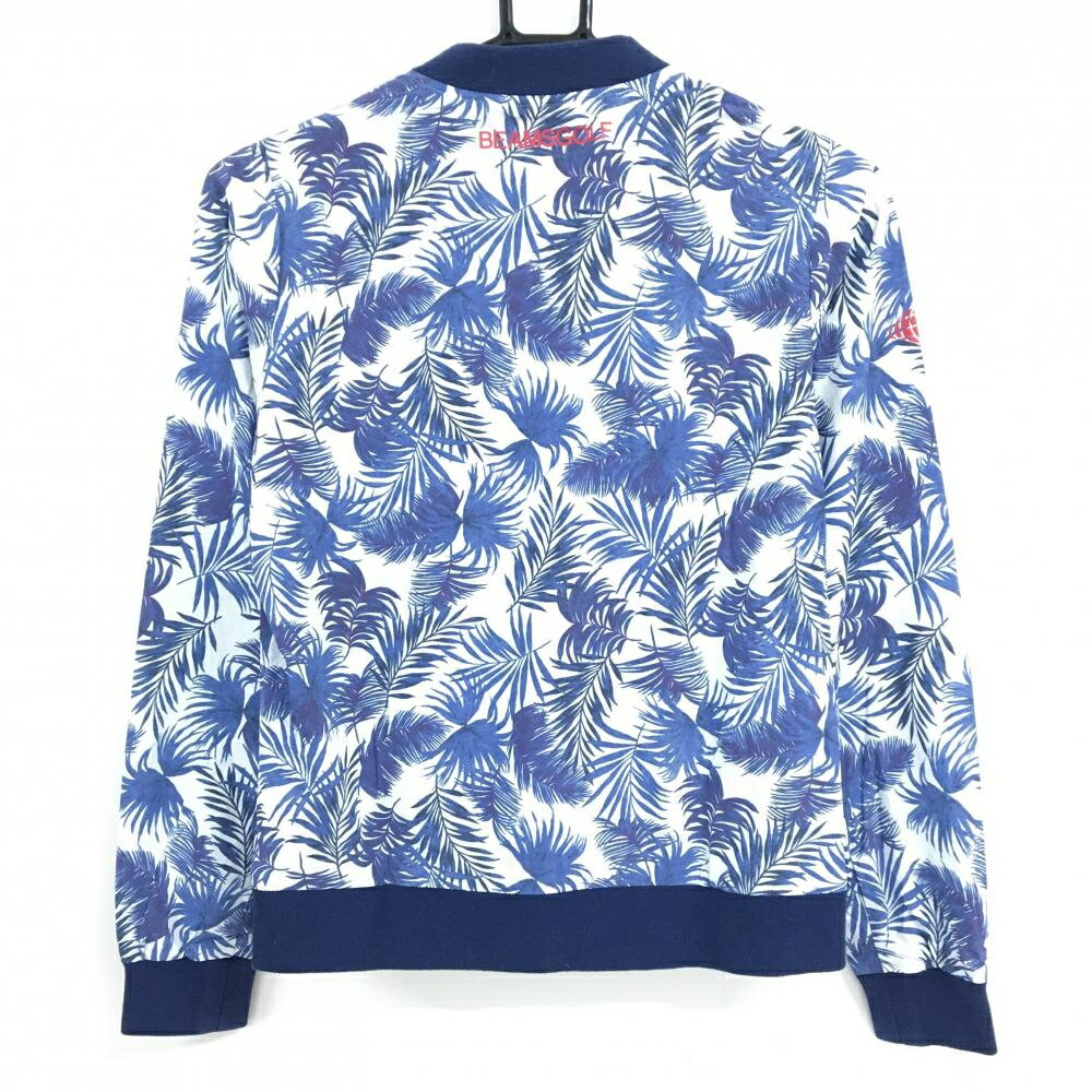 ビームスゴルフ ジャケットブルゾン 白×ブルーネイビー リーフ柄 ロゴプリント レディース S ゴルフウェア BEAMS GOLF