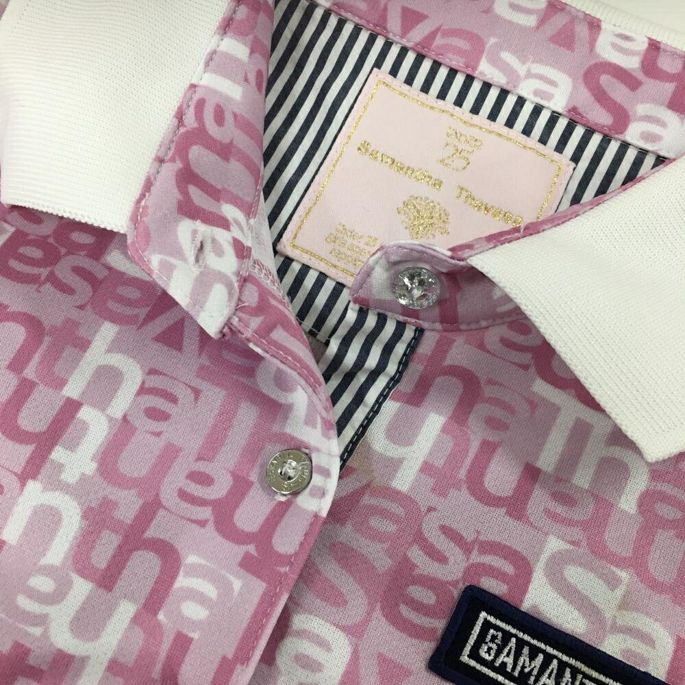 サマンサタバサ UNDER25 半袖ポロシャツ ピンク×白 ロゴ総柄 胸元ワッペン レディース M ゴルフウェア Samantha Thavasa