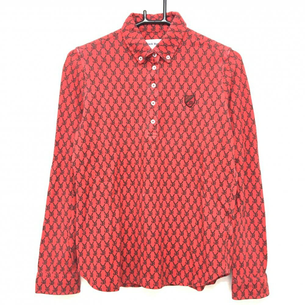 TRUSSARDI - ジャックバニー 長袖ポロシャツ レッド×黒 総柄 胸元ワッペン ボタンダウン レディース 1(M) ゴルフウェア Jack Bunny