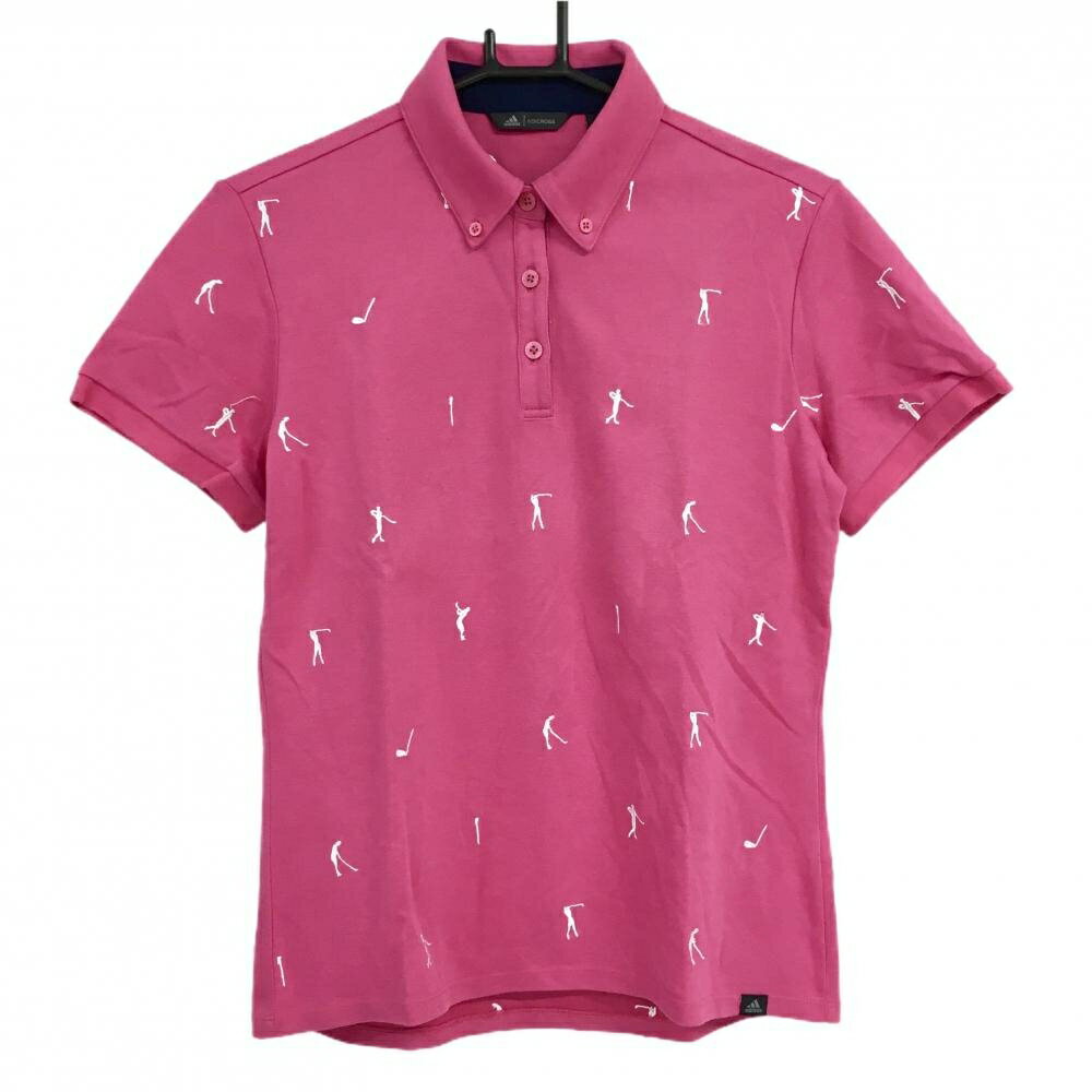 アディダス 半袖ポロシャツ パープルピンク×白 ゴルファー柄 レディース M ゴルフウェア adidas