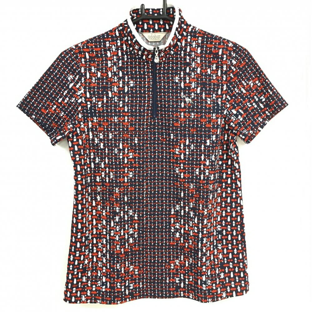 Adabat - 【美品】アダバット 半袖ハイネックシャツ ネイビー×レッド 総柄 ハーフジップ レディース 38(M) ゴルフウェア adabat