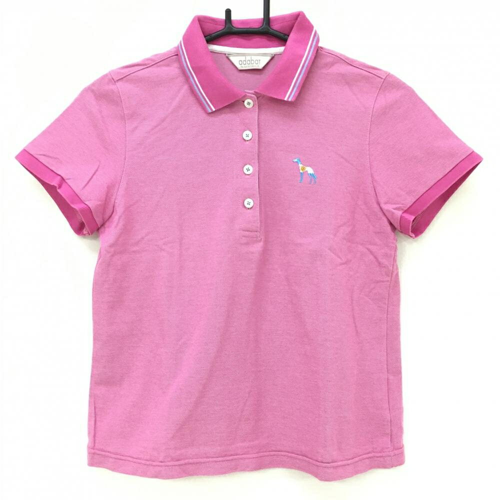Adabat - アダバット 半袖ポロシャツ ピンク×白 ロゴ刺しゅう 襟2ライン レディース 38(M) ゴルフウェア adabat