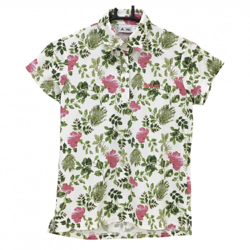 【超美品】アディダス 半袖ポロシャツ 白×グリーン 花柄 織生地 ロゴ刺しゅう レディース S/P ゴルフウェア adidas