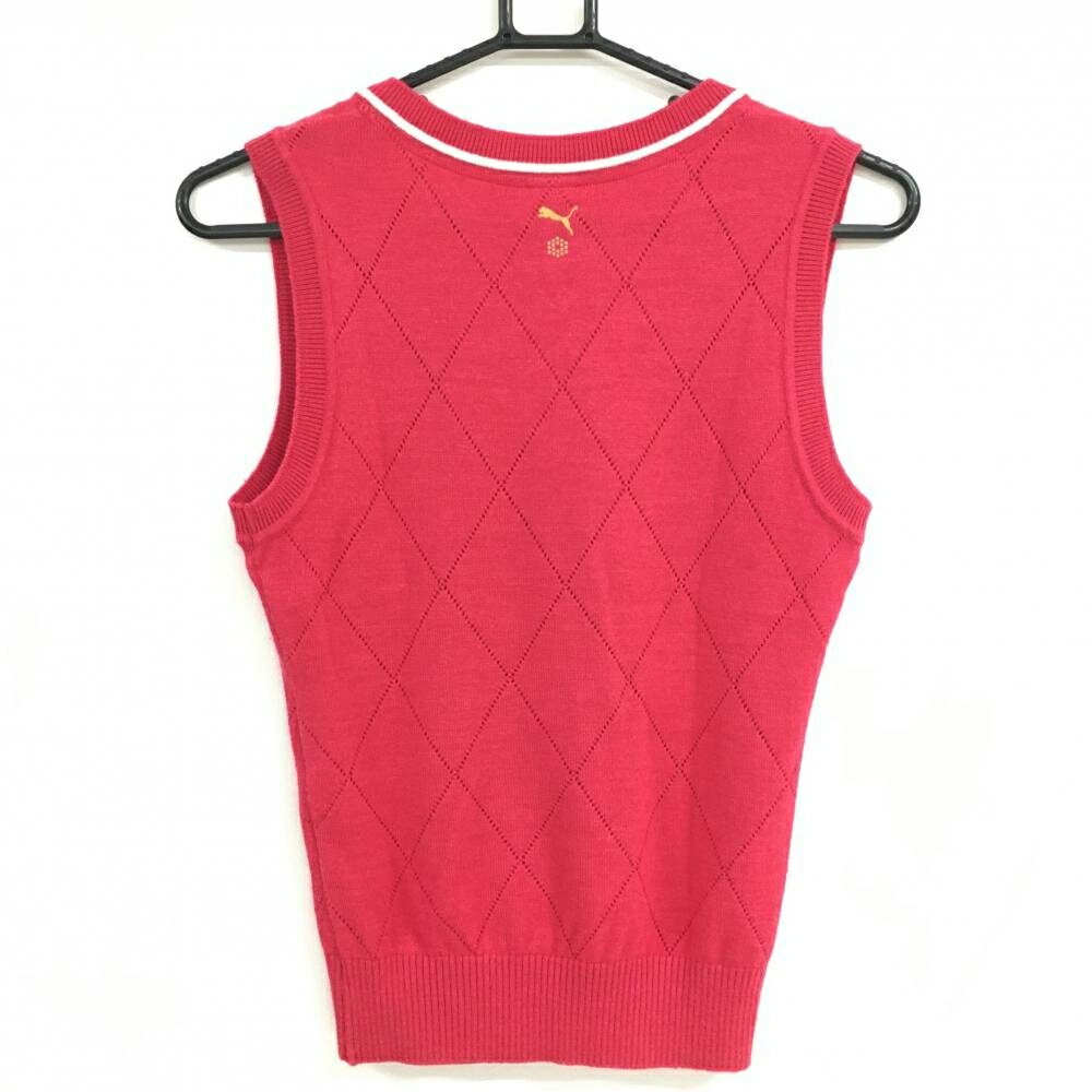 プーマ ニットベスト レッドピンク×白 ダイヤ柄 Vネック 胸元ロゴ レディース S ゴルフウェア PUMA