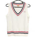 ★特価★プーマ ニットベスト 白×ピンク Vネック ロゴ刺しゅう レディース L ゴルフウェア PUMA