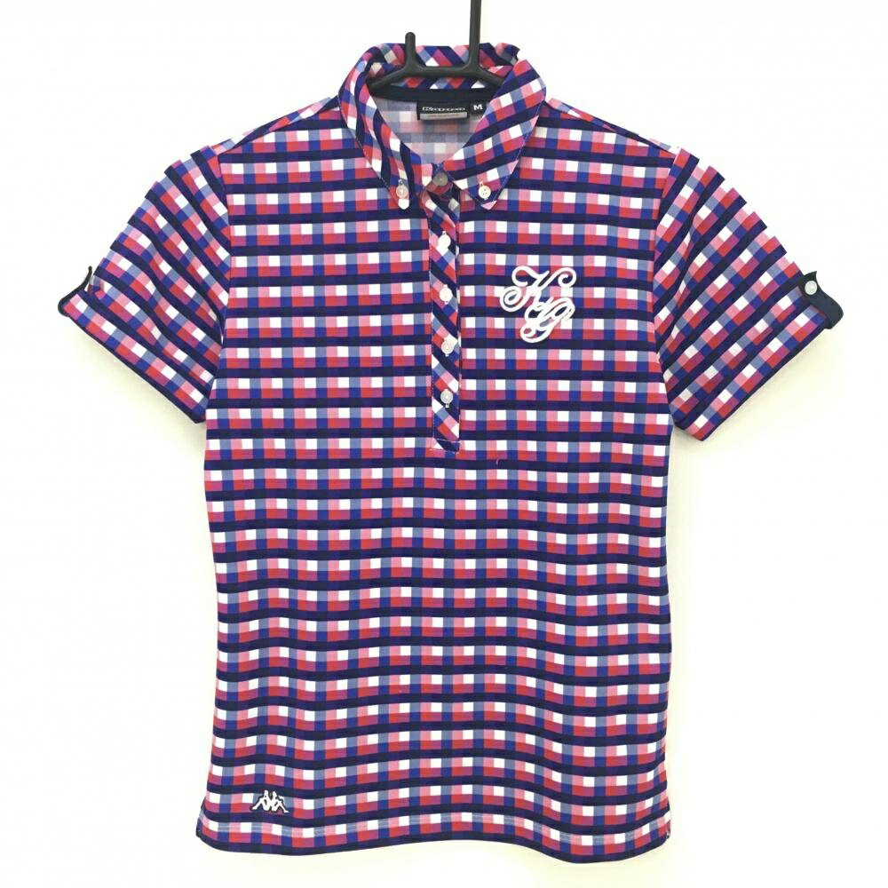 カッパ 半袖ポロシャツ ネイビー×ピンク チェック ボタンダウン レディース M ゴルフウェア Kappa