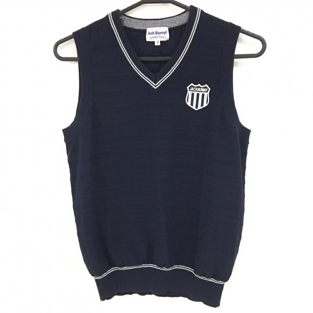 【美品】ジャックバニー ニットベスト ネイビー×白 Vネック ボーダー ロゴワッペン レディース 1(M) ゴ..