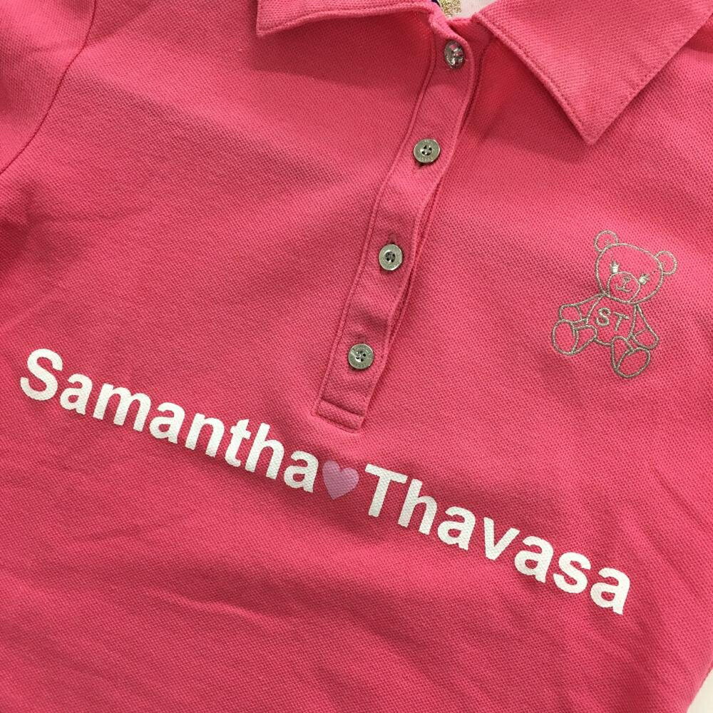サマンサタバサ UNDER25 半袖ポロシャツ ピンク×白 ベア刺しゅう レディース S ゴルフウェア Samantha Thavasa