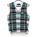★特価★【美品】ビバハート ニットベスト 白×グリーン 前面チェック編み Vネック メンズ 48(M) ゴルフウェア VIVA HEART