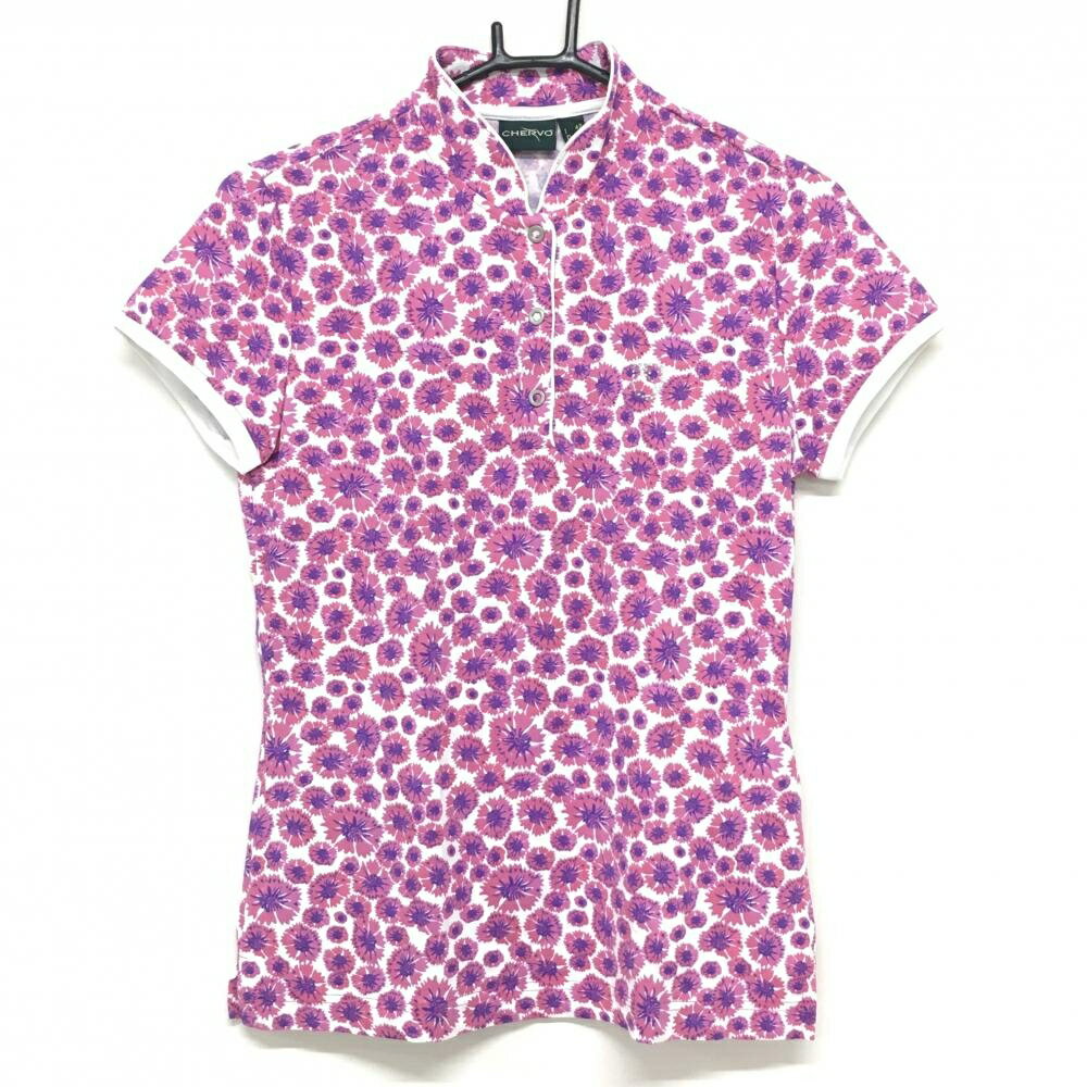 【超美品】シェルボ 半袖ポロシャツ 白×ピンク 花柄 スタンドカラー レディース USA-S/6 ゴルフウェア CHERVO