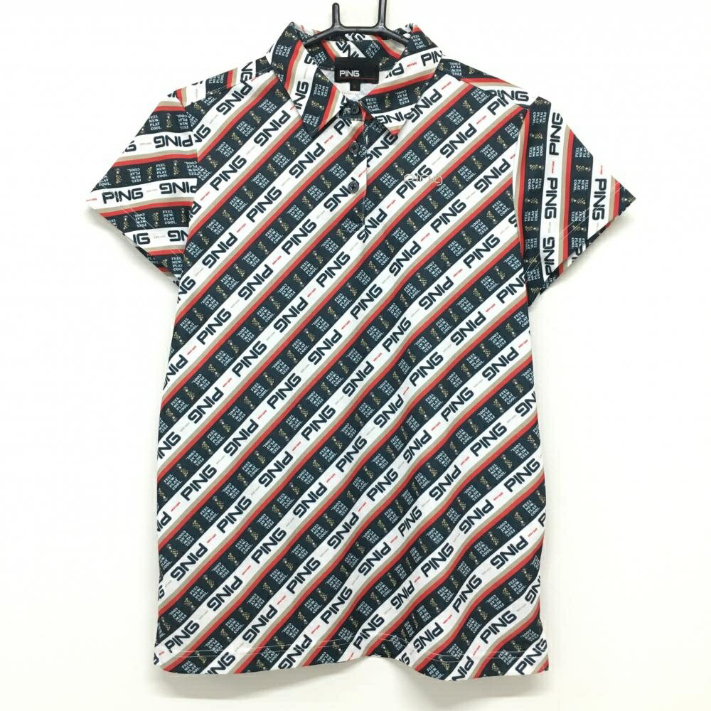 ★特価★【超美品】ピン 半袖ポロシャツ 白×ダークグリーン 斜めボーダー ロゴ総柄 レディース L ゴルフウェア 2022年モデル PING