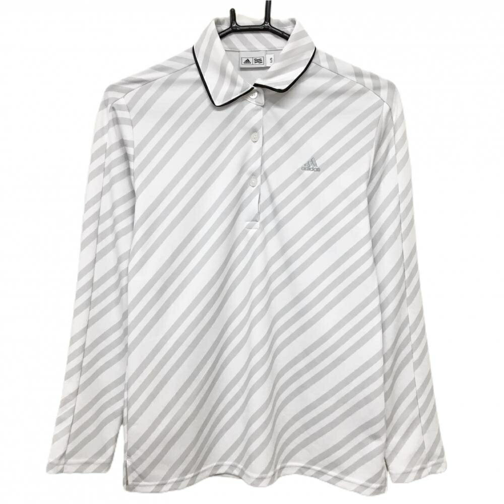 【美品】アディダス 長袖ポロシャツ 白×ライトグレー 斜めボーダー レディース L/G ゴルフウェア adidas