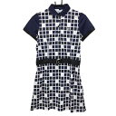 ★特価★【超美品】エフィカス 半袖ポロワンピース ネイビー×白 総柄 胸元ワッペン レディース 1(S) ゴルフウェア efficace