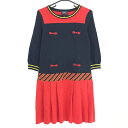 ★特価★【未使用品】パーリーゲイツ ニットワンピース ネイビー×レッド 七分袖 ウール混 レディース 2(L) ゴルフウェア PEARLY GATES