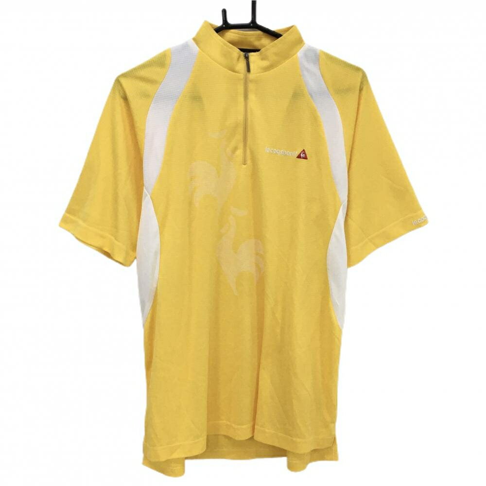 ルコック 半袖ハイネックシャツ イエロー×白 織生地 胸ロゴ刺しゅう ハーフジップ メンズ S ゴルフウェ..