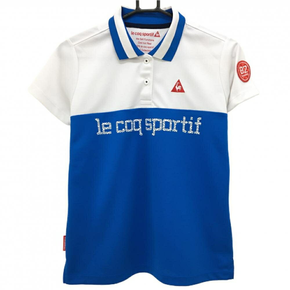 ★特価★ルコック 半袖ポロシャツ 白×ブルー ロゴプリント 袖ワッペン レディース L ゴルフウェア le coq sportif