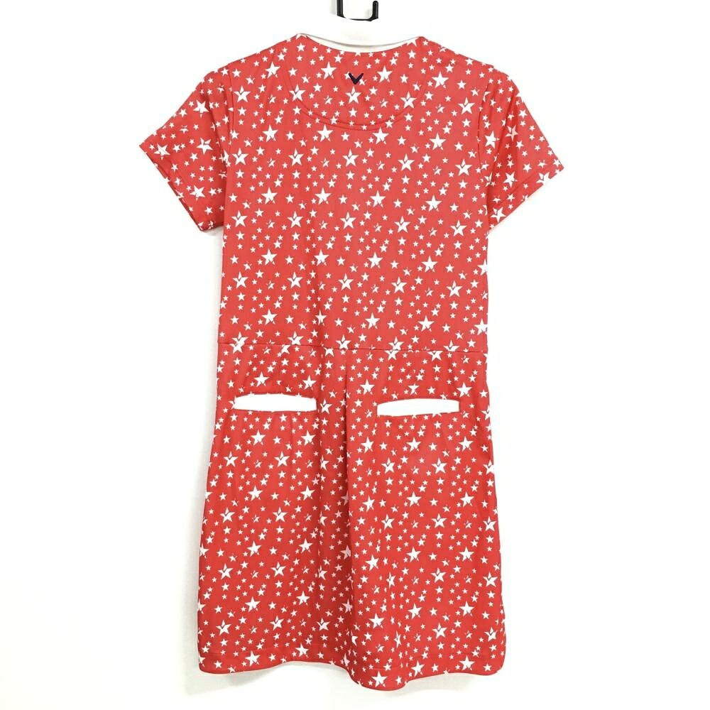 【超美品】キャロウェイ ワンピース オレンジ×白 星柄胸ポケット・刺しゅう レディース L ゴルフウェア Callaway