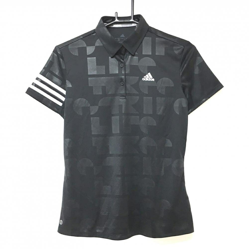 【超美品】アディダス 半袖ポロシャツ 黒×白 地模様 袖3ラインメッシュ レディース M ゴルフウェア adidas