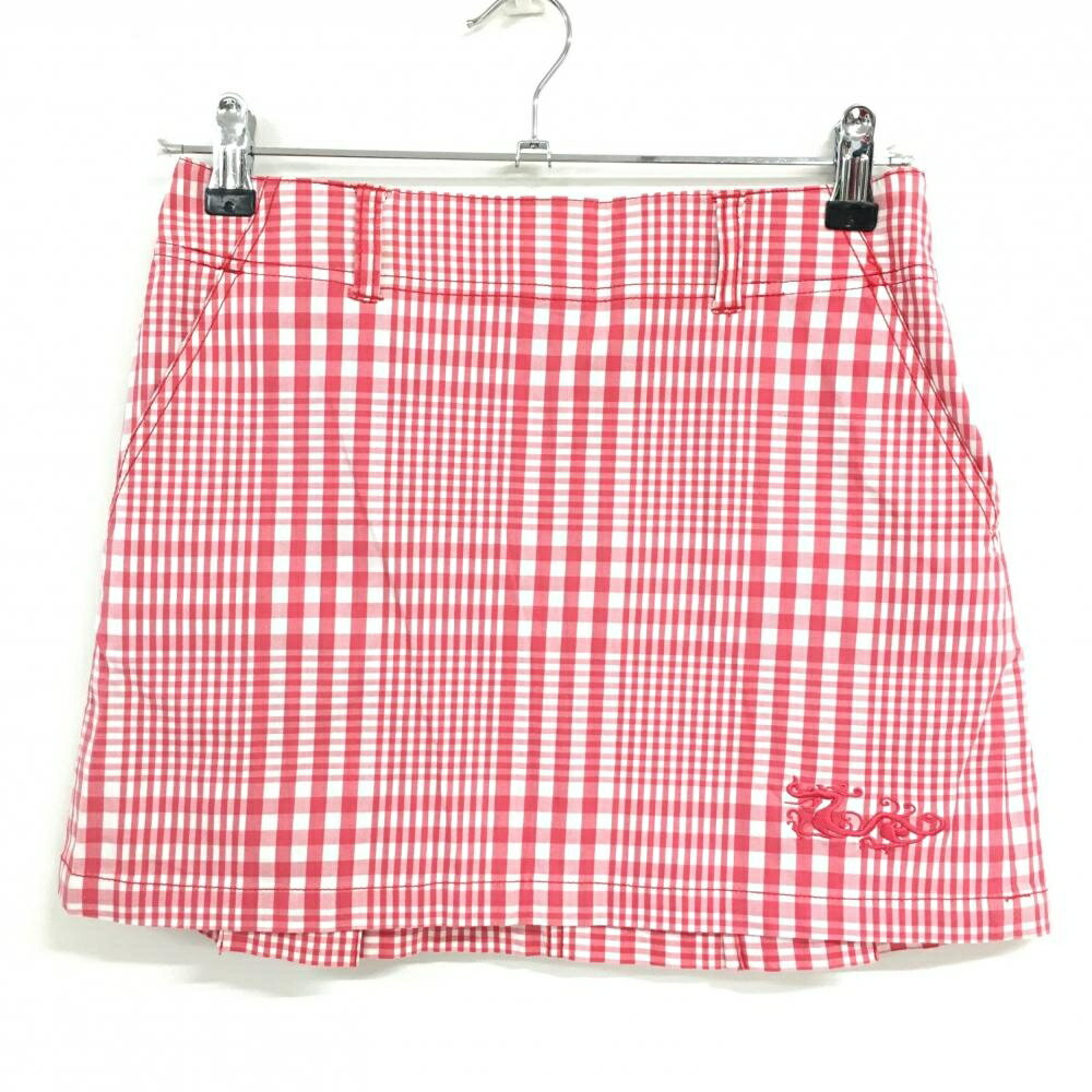 【美品】ダンスウィズドラゴン スカート レッド×白 チェック レディース 2(M) ゴルフウェア Dance With..