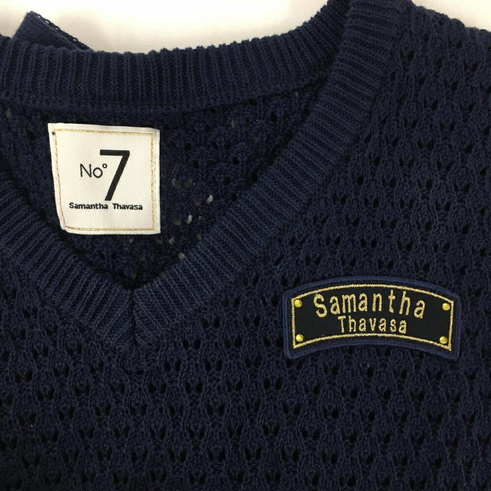サマンサタバサNo.7 ニットベスト ネイビー×白 透かし編み Vネック レディース 38(M) ゴルフウェア Samantha Thavasa