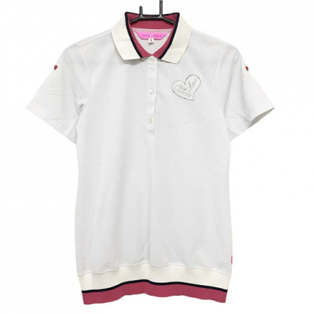 VIVA HEART - 【美品】ビバハート 半袖ポロシャツ 白×ピンク 襟・裾ニット 袖ロールアップ可 レディース 40(M) ゴルフウェア VIVA HEART