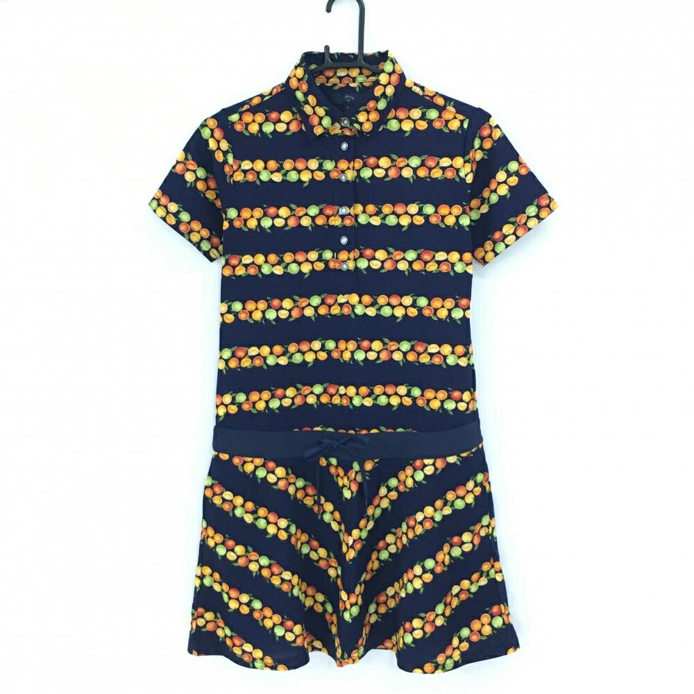 ★特価★【超美品】キャロウェイ 半袖ポロワンピース ネイビー×オレンジ オレンジ柄ボーダー レディース M ゴルフウェア Callaway