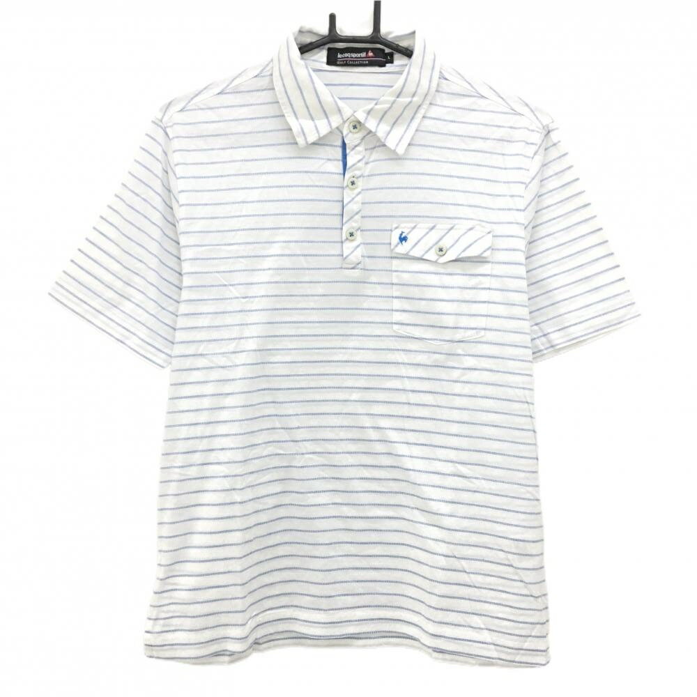 【美品】ルコック 半袖ポロシャツ 白×ブルー ボーダー 胸ポケット コットン100％ メンズ L ゴルフウェ..