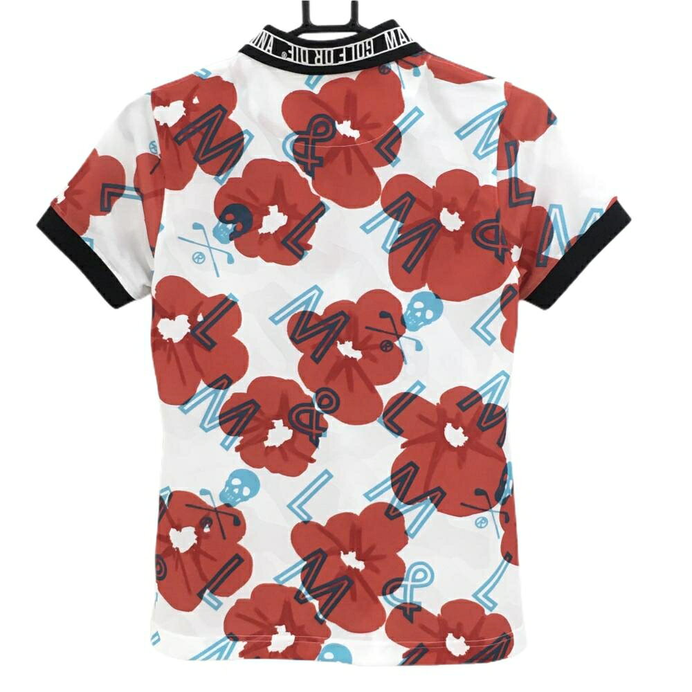【美品】マークアンドロナ 半袖ポロシャツ 白×レッド 総柄 スカル レディース 38(M) ゴルフウェア MARK＆LONA