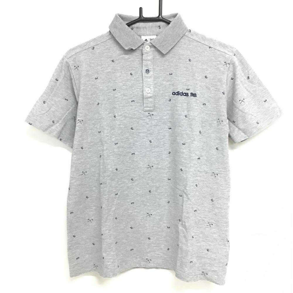 アディダス 半袖ポロシャツ グレー×ネイビー 数字総柄 襟色褪せ メンズ ゴルフウェア adidas
