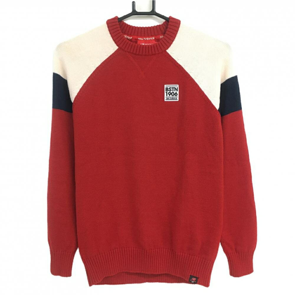 【美品】ニューバランスゴルフ セーター レッド×白×ネイビー ウール混 ニット 立体ロゴ レディース 0(S) ゴルフウェア New Balance