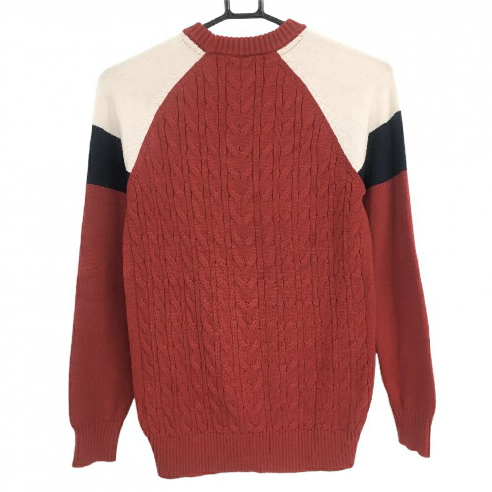 【美品】ニューバランスゴルフ セーター レッド×白×ネイビー ウール混 ニット 立体ロゴ レディース 0(S) ゴルフウェア New Balance