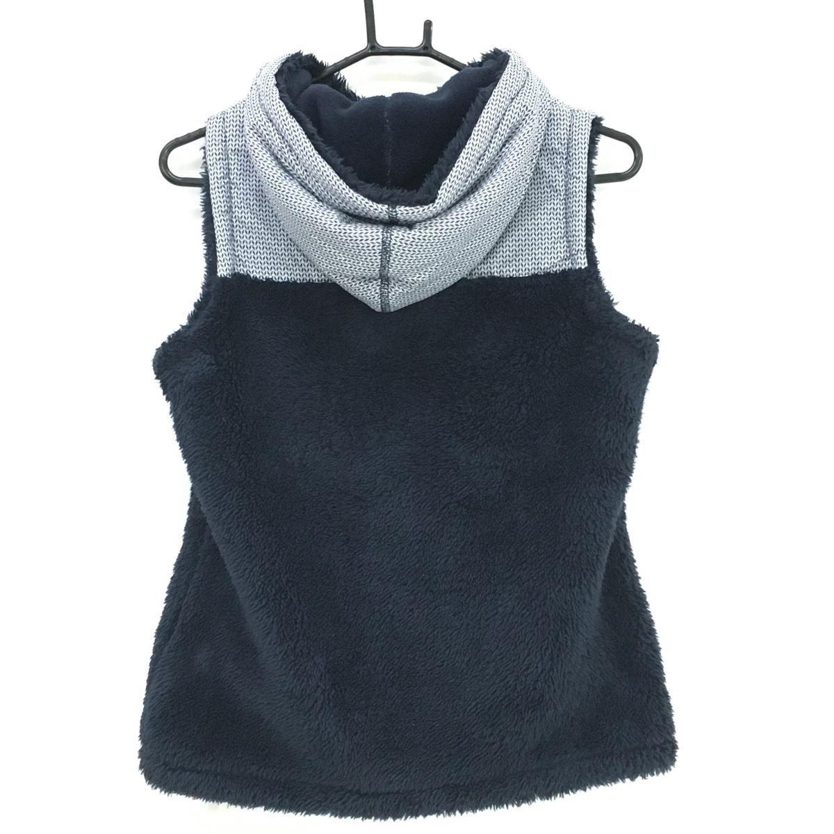 【美品】アディダス ボア切替フード付きベスト ネイビー×グリーン 上部ヘリンボーン柄調 裏起毛 レディース ゴルフウェア adidas